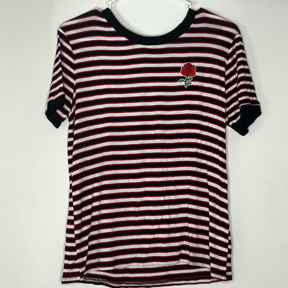 Striped Shirt with Rose embroidered